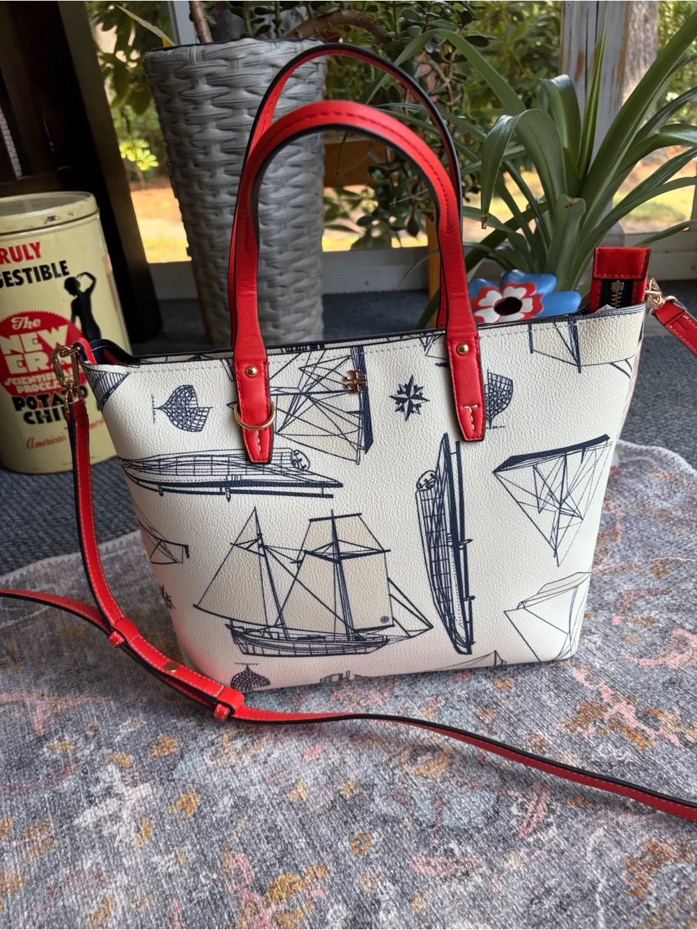 Tory Burch ‘Kerrington’ Small Nautical Ship Print Tote Orange-Red Trim & Strap